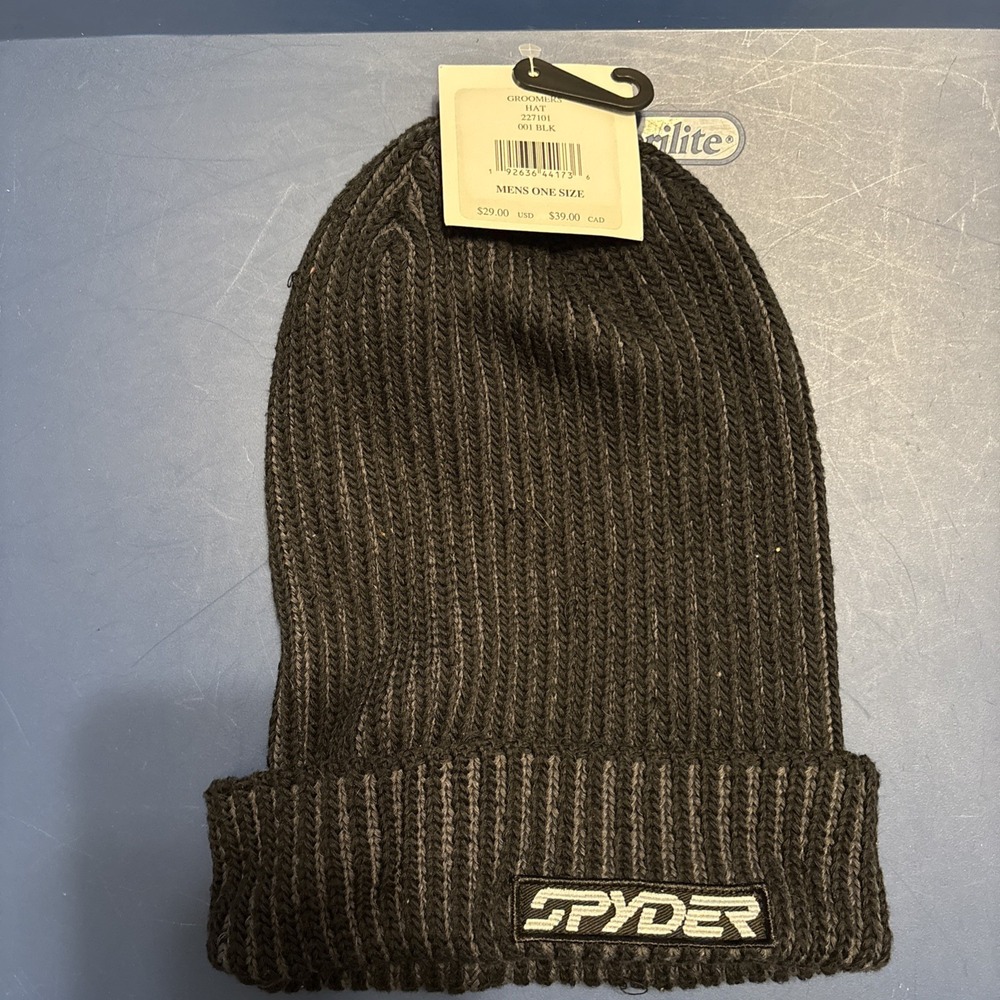 Spyder Groomers Beanie Men's One Size Black Gray Rib Knit Cuffed Hat Cozy Winter